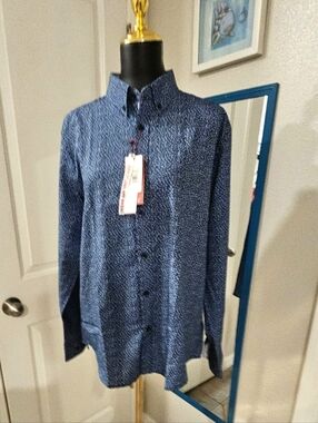 Men's Report Collection Are Blue Micro-Print Button-Down Shirt Size L